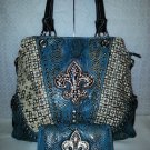 2 PC SET Women's Rhinestone Studded Fleur de Lis Shoulder Bag/Matching Wallet