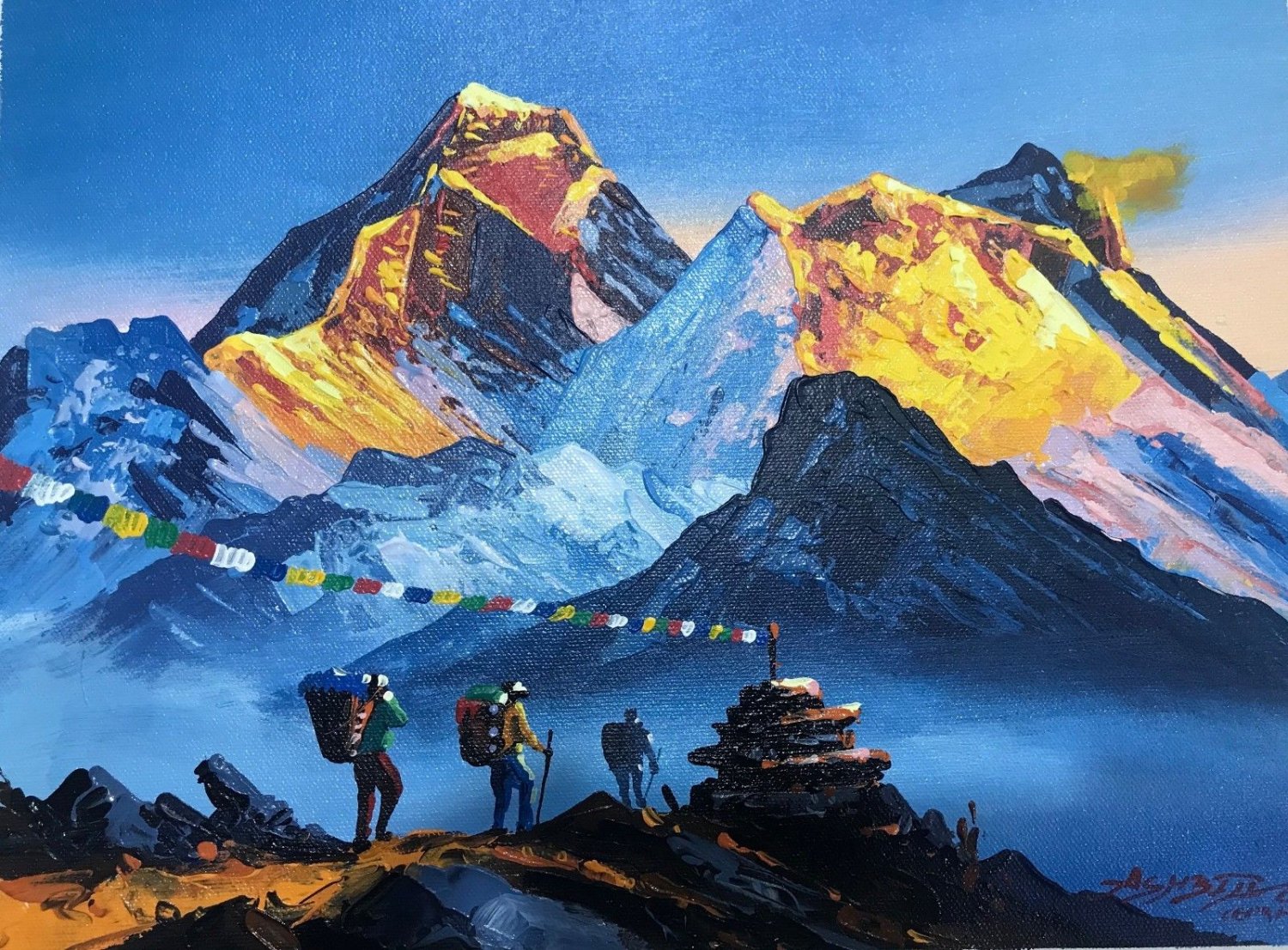 MOUNT EVEREST SUNSHINE VIEW FROM GOKYO ORIGINAL KNIFE PAINTING IN ACRYLICS