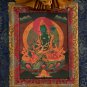 ORIGINAL GREEN TARA THANGKA | OLD OIL VARNISH BUDDHIST PAINTING WITH SILK FRAME
