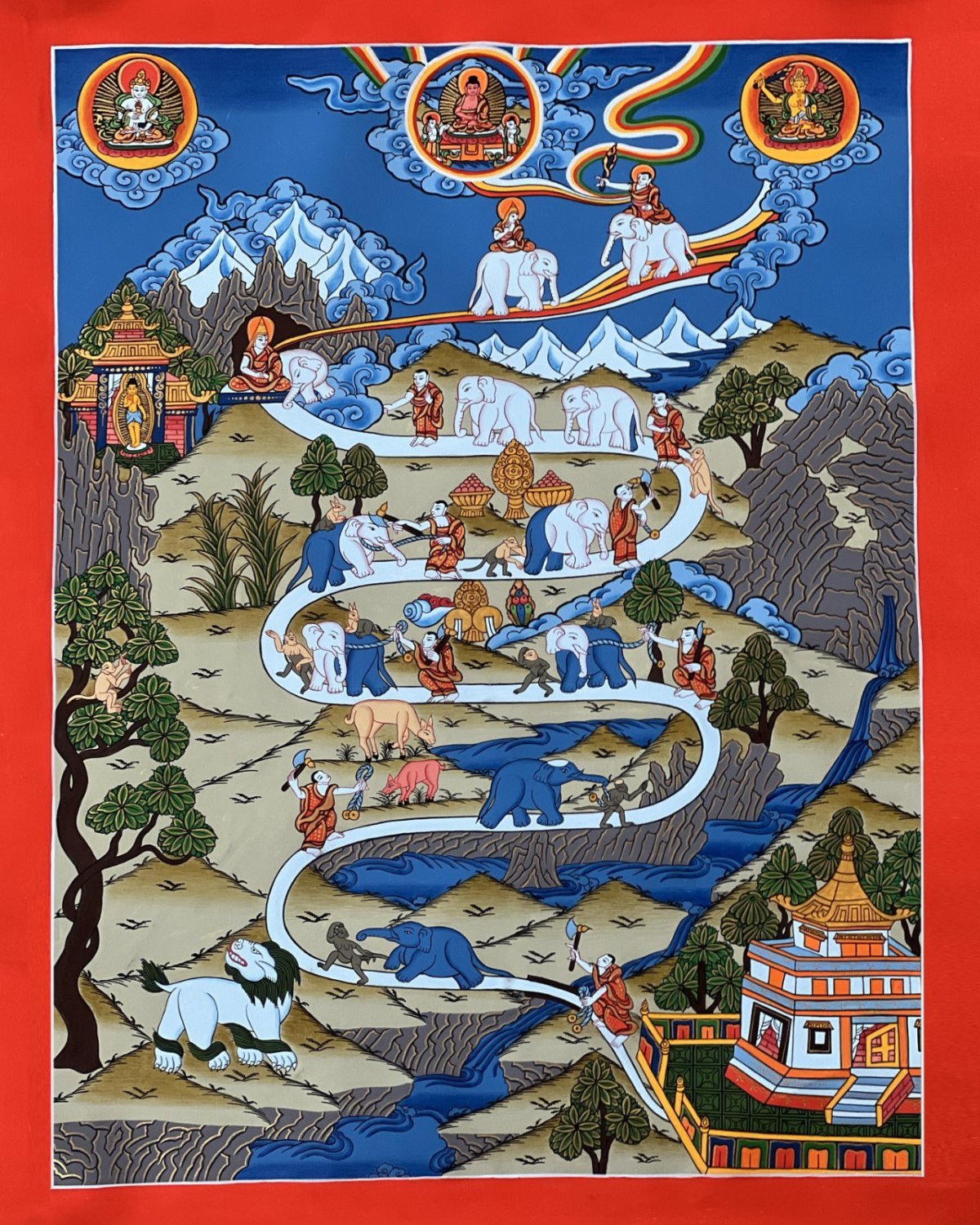 SAMATHA ELEPHANT PATH MEDITATION HAND PAINTED MASTERPIECE TIBETAN THANGKA ART
