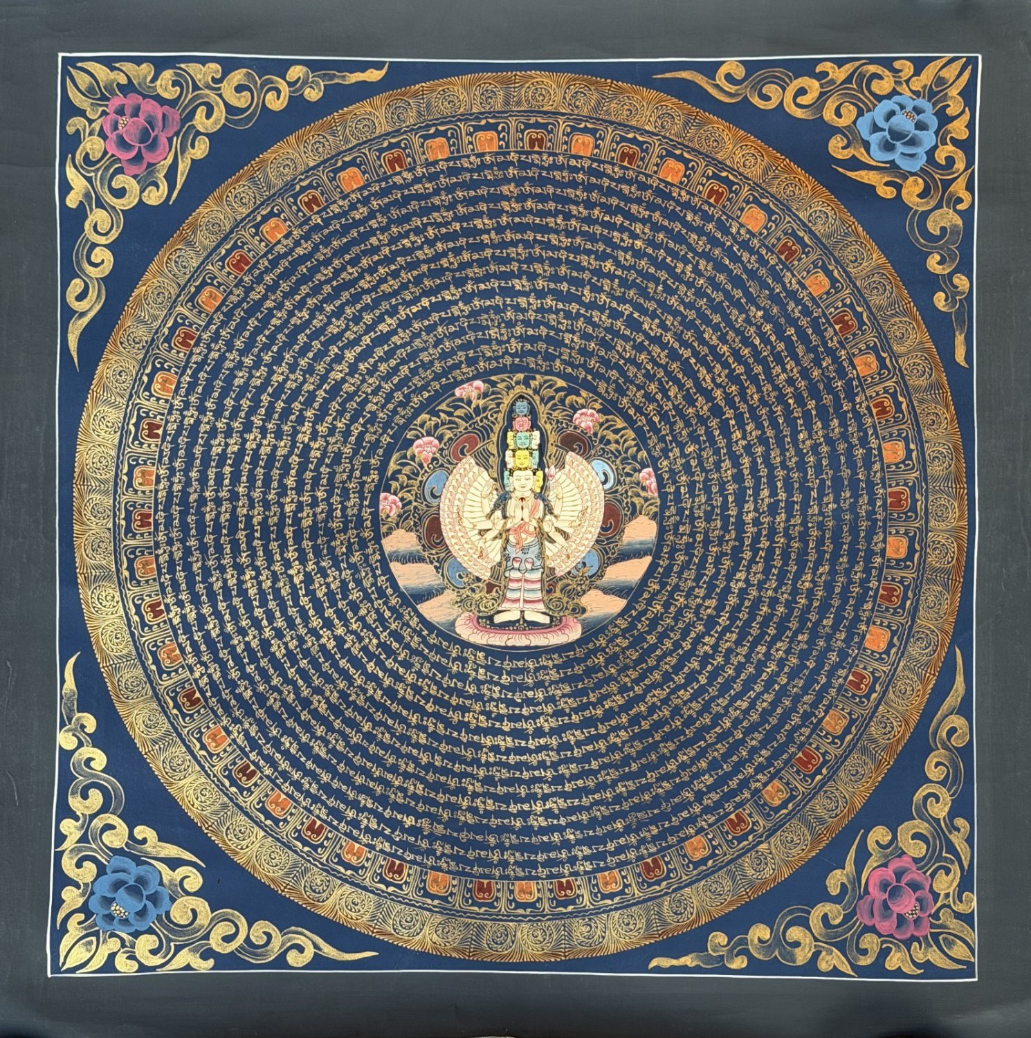 HAND-PAINTED AVALOKITESHVARA OM MANI PADME HUM MANDALA TIBETAN THANGKA PAINTING