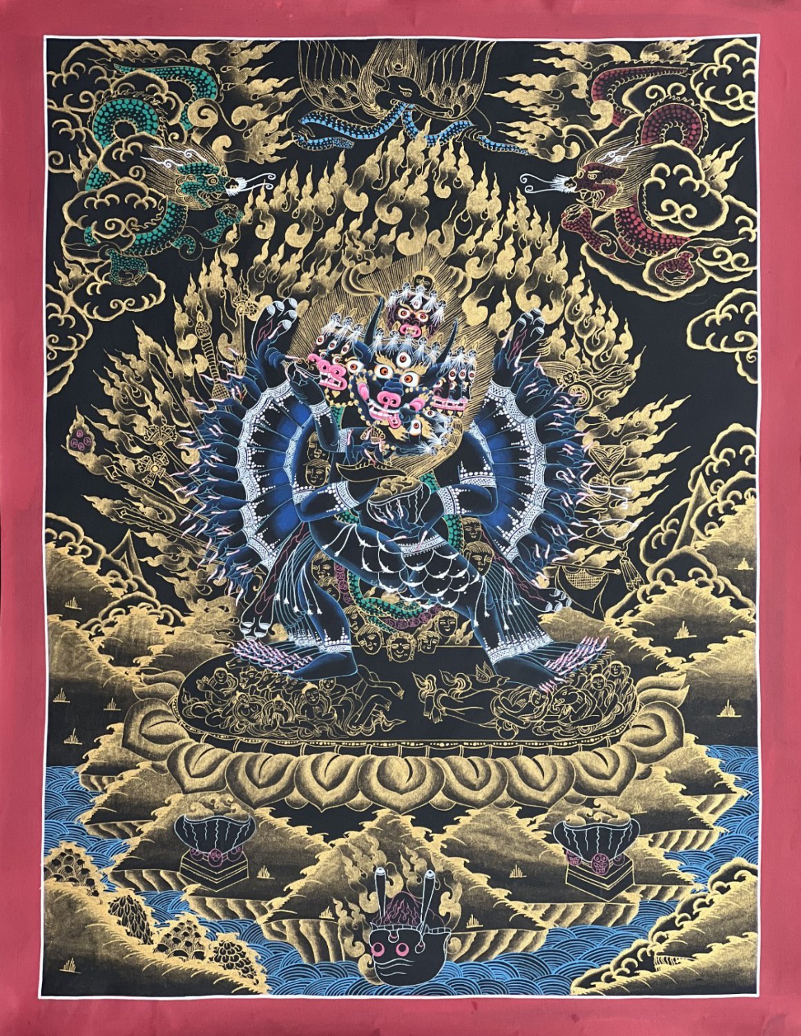 ORIGINAL HAND-PAINTED YAMANTAKA SHAKTI TIBETAN THANGKA  PROTECTION DEITY ART