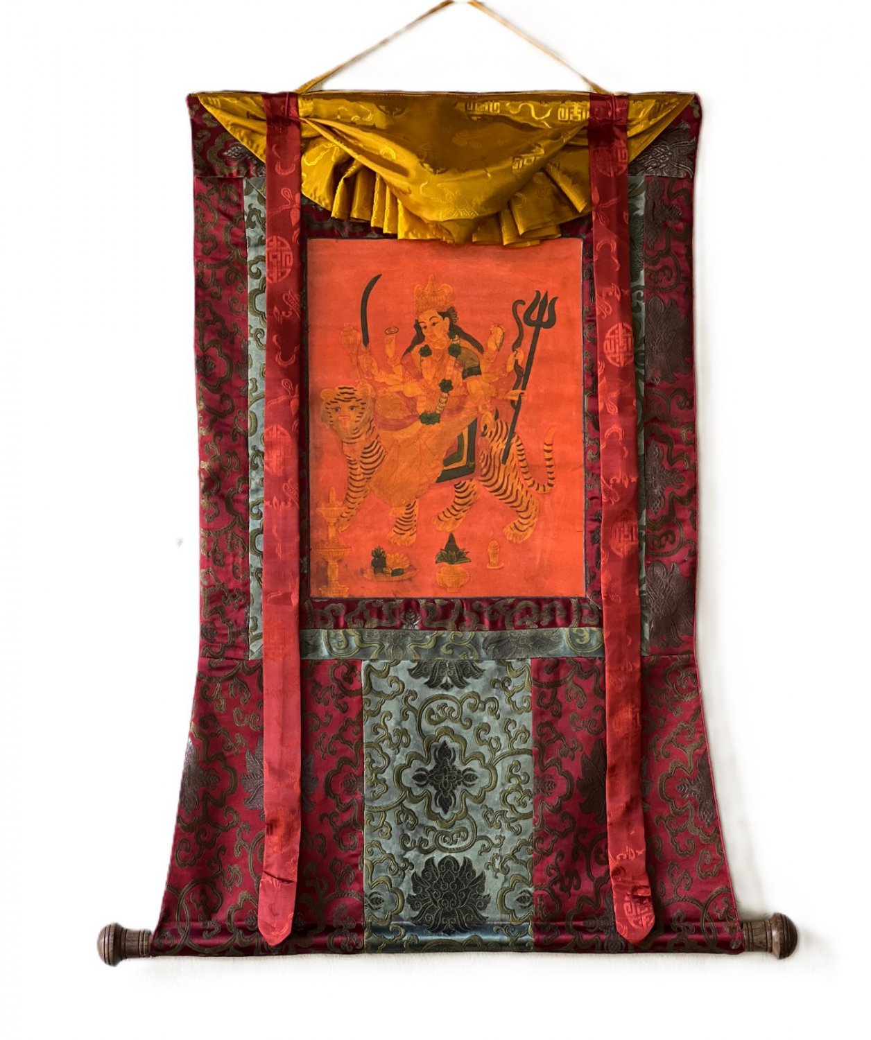 GODDESS DURGA HAND-PAINTED HINDU ART THANGKA OIL VARNISHED WITH SILK BROCADE