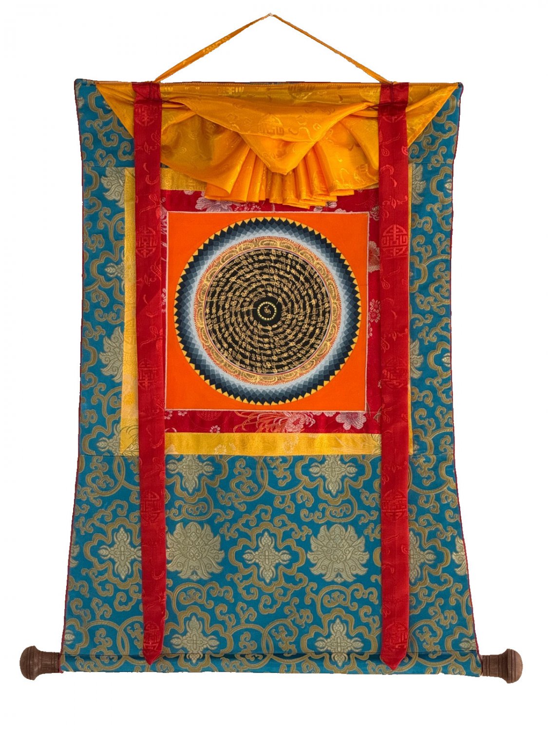 HAND-PAINTED OM MANTRA MANDALA TIBETAN THANGKA/THANKA PAINTING WITH SILK BROCADE