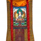 HAND-PAINTED WHITE TARA TIBETAN THANGKA COMPASSION GODDESS ART WITH SILK BROCADE