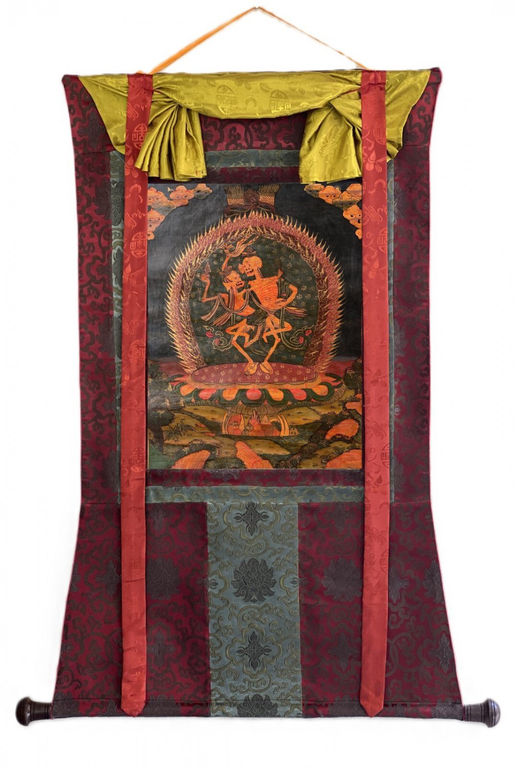 CITIPATI/ DANCING HAPPY SKELETON TIBETAN THANGKA PAINTING WITH SILK BROCADE