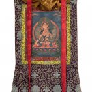 WHITE TARA MOTHER GODDESS OLD OILED TIBETAN THANGKA PAINTING WITH SILK BROCADE