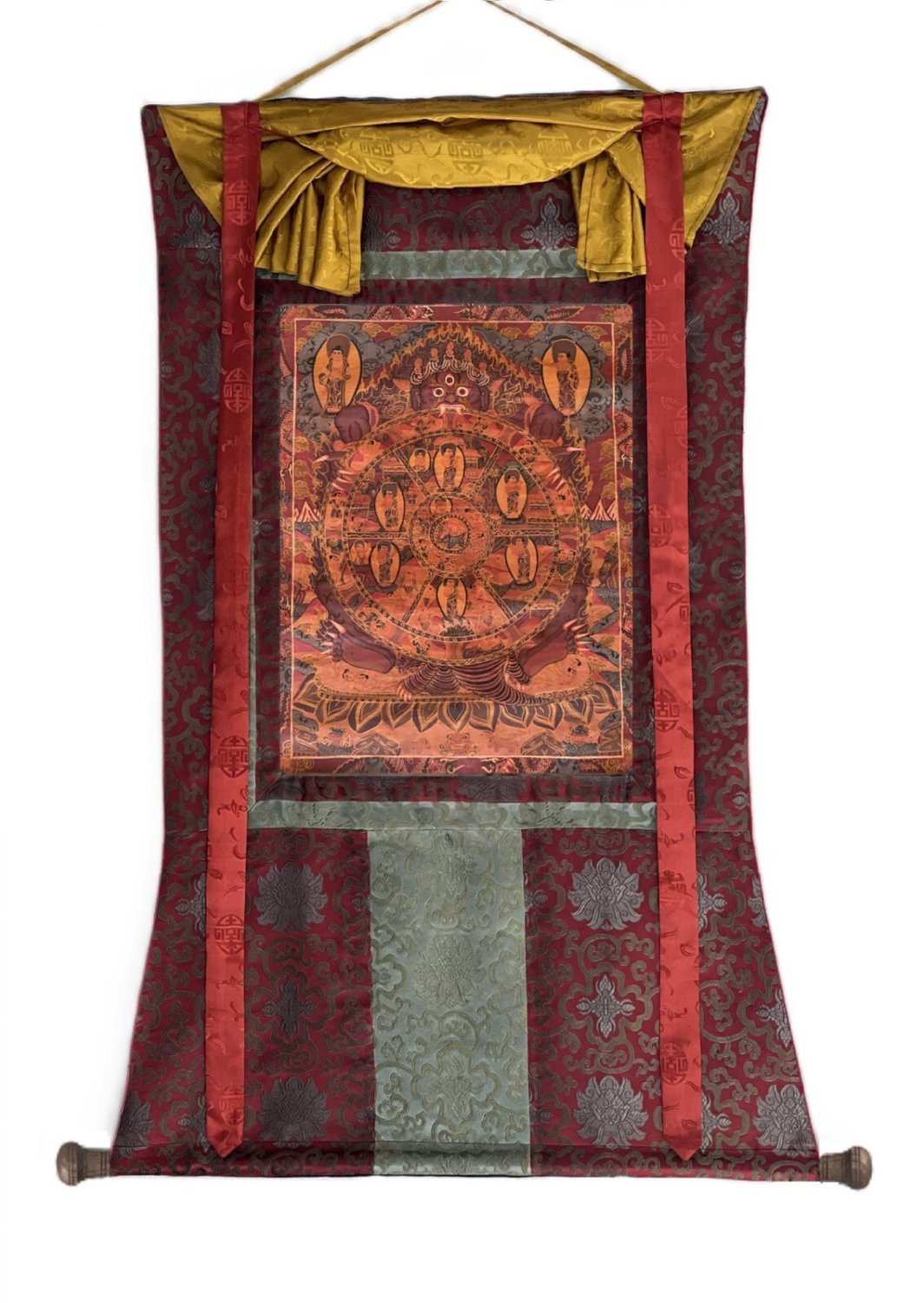 HAND-PAINTED BUDDHA LIFE WHEEL OF LIFE TIBETAN THANGKA MANDALA WITH SILK BROCADE