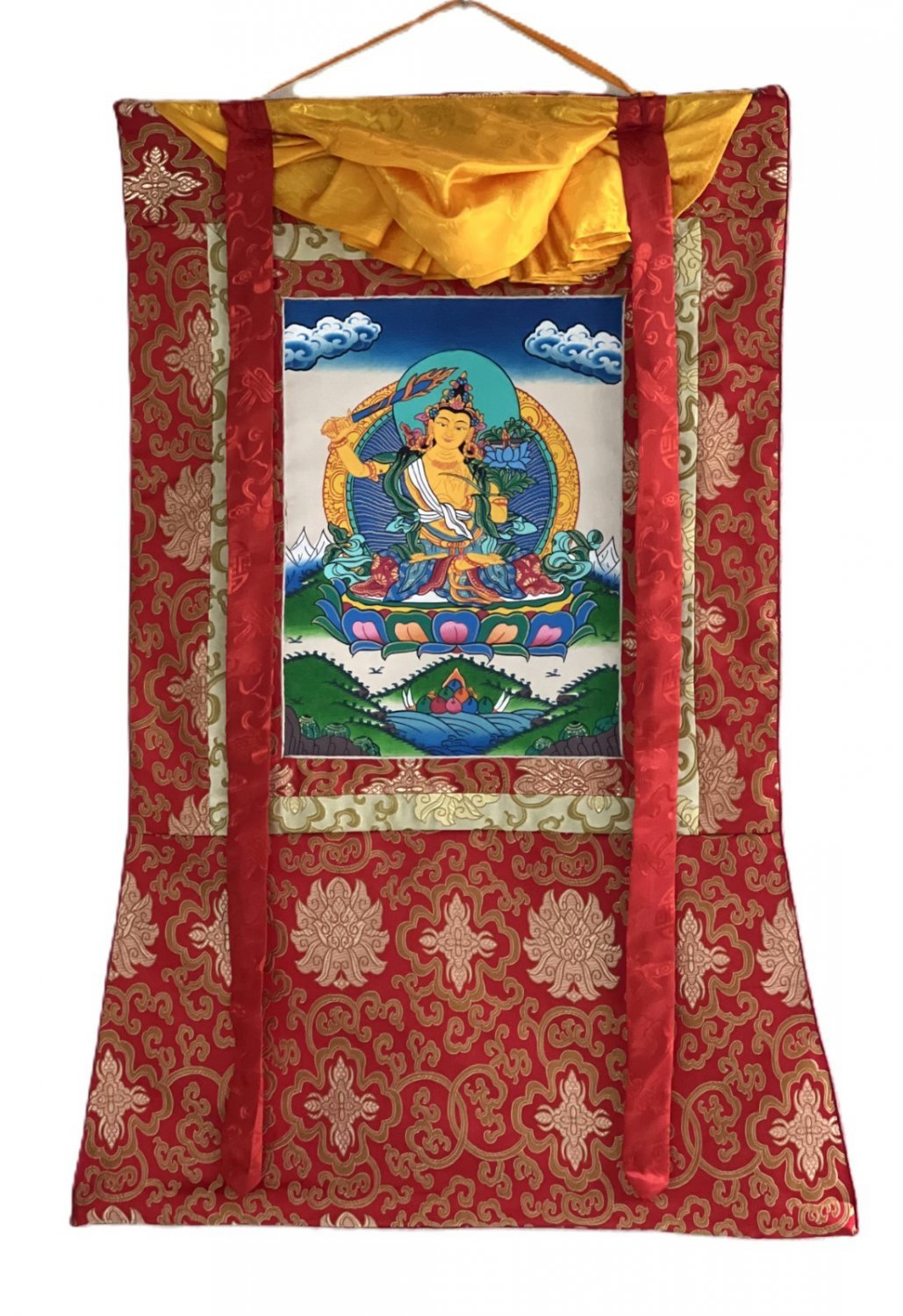 ORIGINAL HAND-PAINTED MANJUSHRI/ MANJUSHREE TIBETAN THANGKA PAINTING WITH SILK