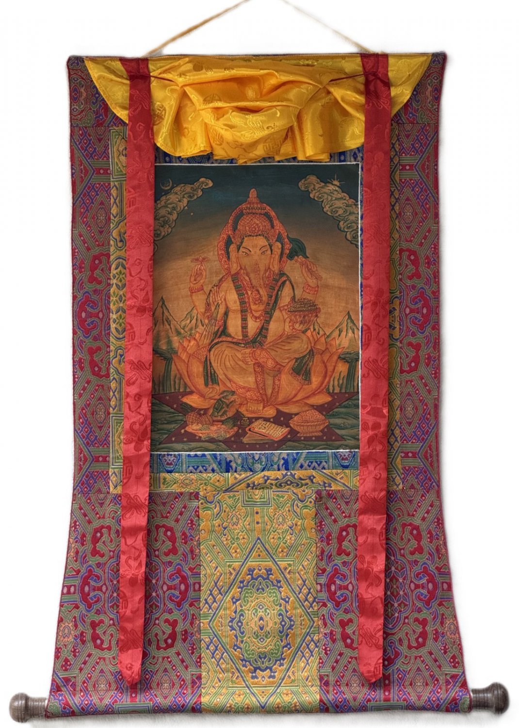 HAND-PAINTED LORD GANESHA THANGKA &acirc;�� OIL VARNISHED HINDU SACRED  ART