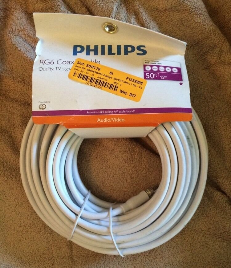 Phillips 50ft RG6 Coaxial Cable for Tv Satellite Cable White HDTV Coax A/V Cable