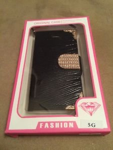 iPhone 5 5S Leather Flip Case w/ Bling Jewels Crystals Naked Shell