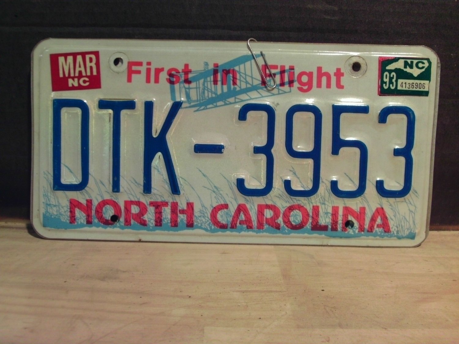 1993 North Carolina VG License Plate NC #DTK-3953 With Registration