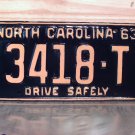 1963 North Carolina Rat Rod License Plate Tag NC #3418-T YOM
