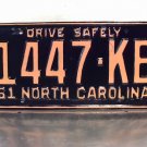 1961 North Carolina Rat Rod License Plate Tag NC #1447-KE YOM