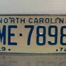 1972 North Carolina NC Passenger YOM License Plate ME-7898 Mint NC2