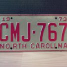 1973 North Carolina YOM License Plate Tag NC #CMJ-767 VG NC2