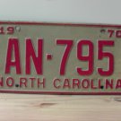 1970 North Carolina Passenger YOM License Plate NC AN-795 VG NC1