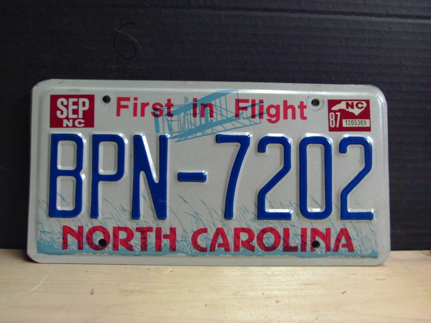 1987 North Carolina First in Flight License Plate NC #BPN-7202 YOM EX NCY4