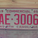 1985 North Carolina YOM Truck License Plate Tag NC #AE-3006 Mint NCY6