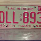1977 North Carolina YOM Passenger  License Plate NC #DLL-893 VG NCY3