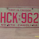1975 North Carolina NC YOM Passenger License Plate Tag HCK-962 VG+ NCA2