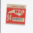 1994 North Carolina NC NOS License Plate Validation Sticker