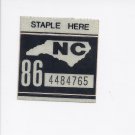 1986 North Carolina NC NOS License Plate Validation Sticker