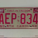 1982 North Carolina Passenger YOM License Plate VG NC AEP-834 NCY3