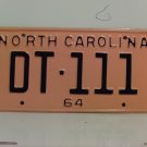 1964 North Carolina Rat Rod License Plate Tag NC #DT-111 YOM