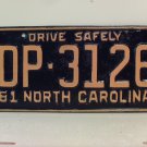 1961 North Carolina Rat Rod License Plate Tag NC #DP-3126 YOM