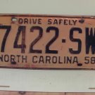 1958 North Carolina NC License Plate 7422-SW NCB1