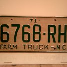1971 North Carolina NC Farm Truck License Plate 6768-RH EX NCF1