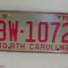 1970 North Carolina NC YOM Passenger License Plate BW-1072 EX NC1