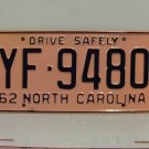1962 North Carolina Rat Rod License Plate Tag NC #YF-9480 YOM