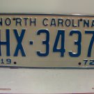 1972 North Carolina NC Passenger YOM License Plate HX-3437 VG NCY1