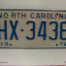 1972 North Carolina NC Passenger License Plate HX-3438 VG NC1
