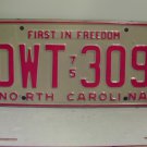 1975 North Carolina NC Passenger YOM License Plate DWT-309 Excellent! NCA2