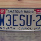 1992 North Carolina NC Amateur Radio License Plate W3ESU-2 VG NCO2