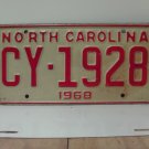 1968 North Carolina NC YOM License Plate CY-1928 VG NCY1