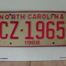 1968 North Carolina NC YOM License Plate CZ-1965 VG WALL