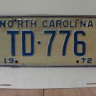 1972 North Carolina NC Passenger YOM License Plate TD-776 VG NC2