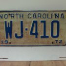 1972 North Carolina NC Passenger License Plate WJ-410 VG- NC1