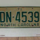 1971 North Carolina License Plate Tag NC DN-4539 VG NC1