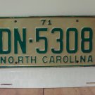 1971 North Carolina YOM License Plate Tag NC DN-5308 EX NCY1