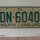 1971 North Carolina YOM License Plate Tag NC DN-6040 EX NCY1