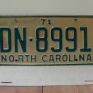 1971 North Carolina License Plate Tag NC DN-8991 VG NC1