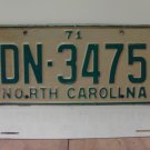 1971 North Carolina NC Passenger License Plate DN-3475 VG- NC1