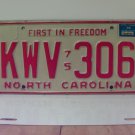 1976 North Carolina NC Passenger YOM License Plate KWV-306 VG NCY3