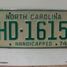 1974 North Carolina NC Handicapped License Plate HD-1615 Mint! NC11